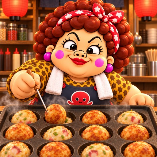 おばちゃんとたこ焼きを焼くミニゲームのイメージ
