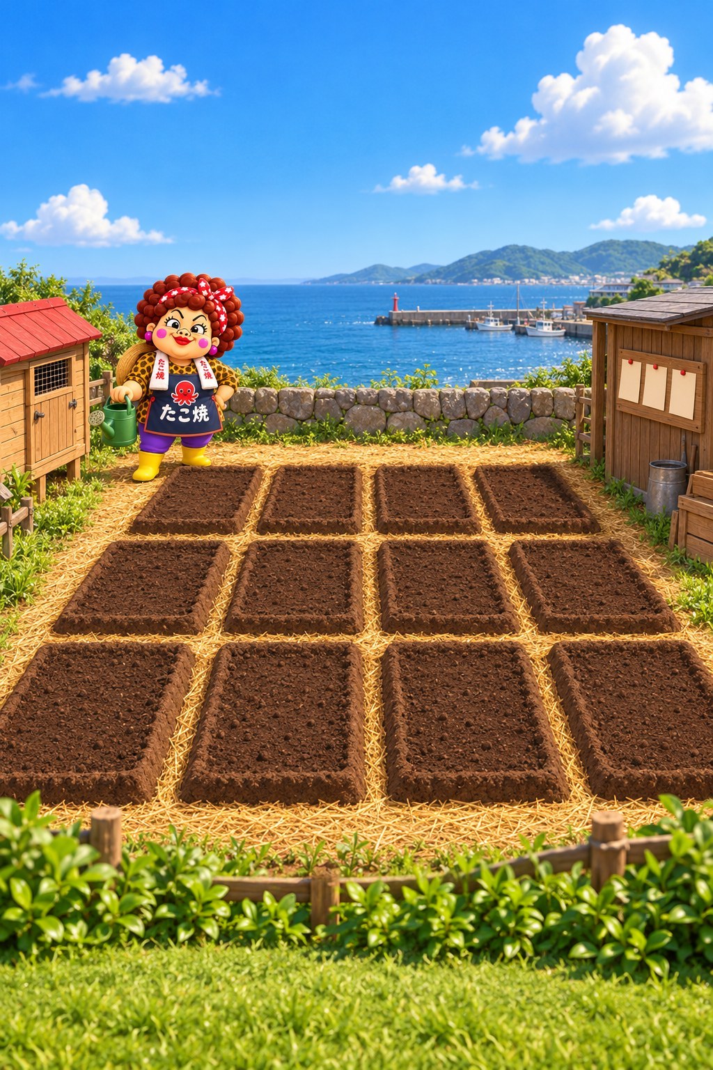 おばちゃんの畑で、野菜畑とにわとり小屋のある風景