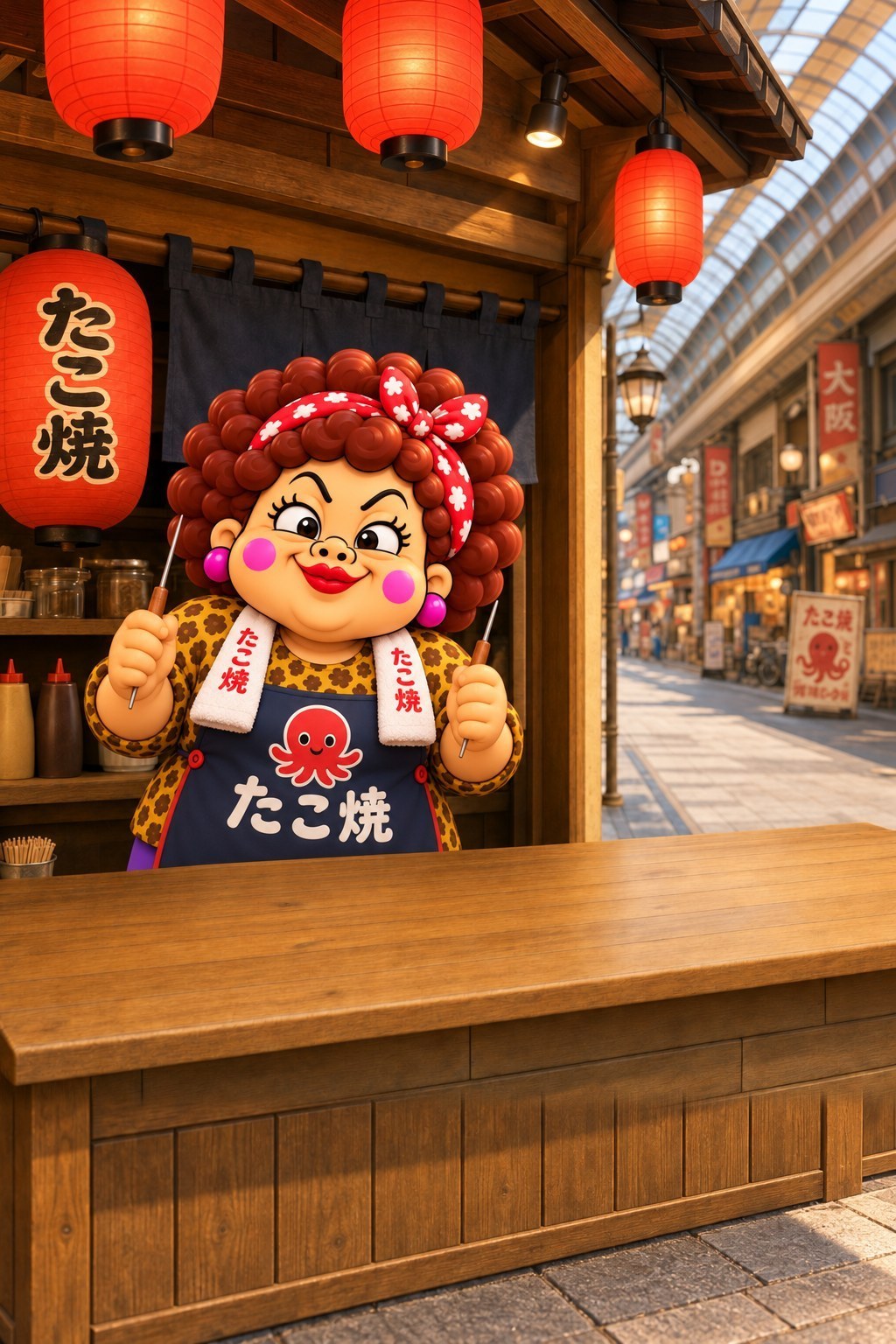 大阪のたこ焼き屋で、にっこり笑って迎えてくれるおばちゃん